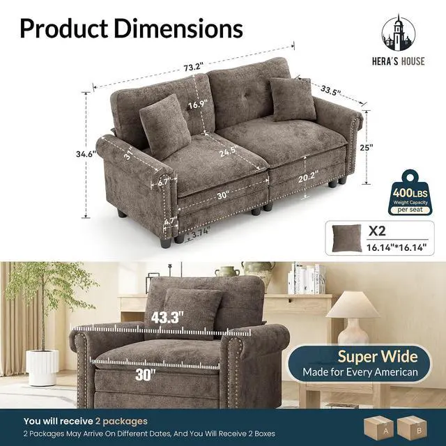 Alt view image 2 of 7 - HERA'S HOUSE 73.2" Modular Loveseat Cloud Couch Deep Seats & Rolled Arms | Mid-Century Modern 2-Seater Loveseat, Grayish Brown, Nailhead Trim, Wider & Deeper Seats, Soft Chenille Sofa for Living Room