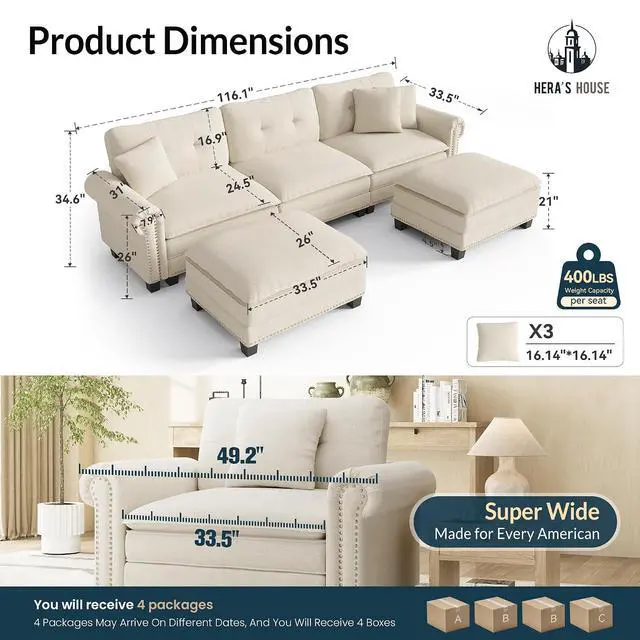 Alt view image 2 of 7 - HERA'S HOUSE 116" Oversized U Shaped Modular Sectional Couch Living Room | Mid-Century Modern 5-Seater Cloud Sofa, Beige, Rolled Arms & Nailhead Trim, Wider & Deeper Seats, Ottoman, Linen