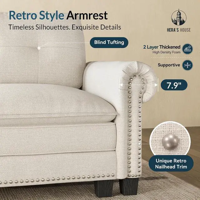 Alt view image 5 of 7 - HERA'S HOUSE 150" Oversized U Shaped Modular Sectional Couch Living Room | Mid-Century Modern 6-Seater Cloud Sofa, Beige, Rolled Arms & Nailhead Trim, Wider & Deeper Seats, Ottoman, Linen