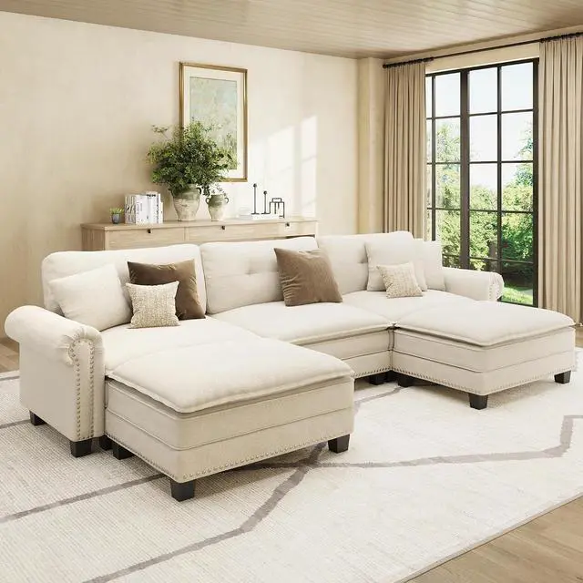 Main image of HERA'S HOUSE 116" Oversized U Shaped Modular Sectional Couch Living Room | Mid-Century Modern 5-Seater Cloud Sofa, Beige, Rolled Arms & Nailhead Trim, Wider & Deeper Seats, Ottoman, Linen