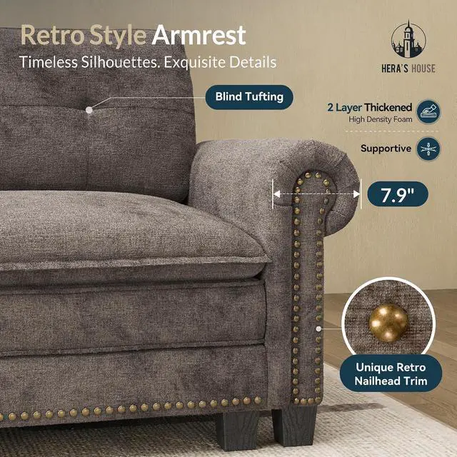 Alt view image 4 of 7 - HERA'S HOUSE 150" Oversized L Shaped Modular Sectional Couch Living Room | Mid-Century Modern 5-Seater Cloud Sofa, Grayish Brown, Rolled Arms & Nailhead Trim, Wider & Deeper Seats, Ottoman, Chenille