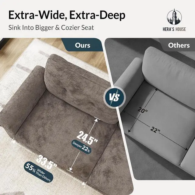 Alt view image 6 of 7 - HERA'S HOUSE 150" Oversized L Shaped Modular Sectional Couch Living Room | Mid-Century Modern 5-Seater Cloud Sofa, Grayish Brown, Rolled Arms & Nailhead Trim, Wider & Deeper Seats, Ottoman, Chenille