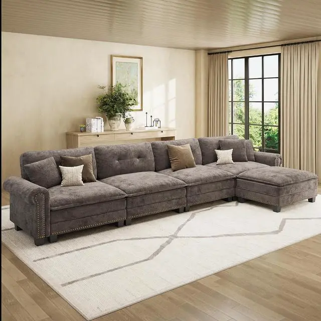 Main image of HERA'S HOUSE 150" Oversized L Shaped Modular Sectional Couch Living Room | Mid-Century Modern 5-Seater Cloud Sofa, Grayish Brown, Rolled Arms & Nailhead Trim, Wider & Deeper Seats, Ottoman, Chenille