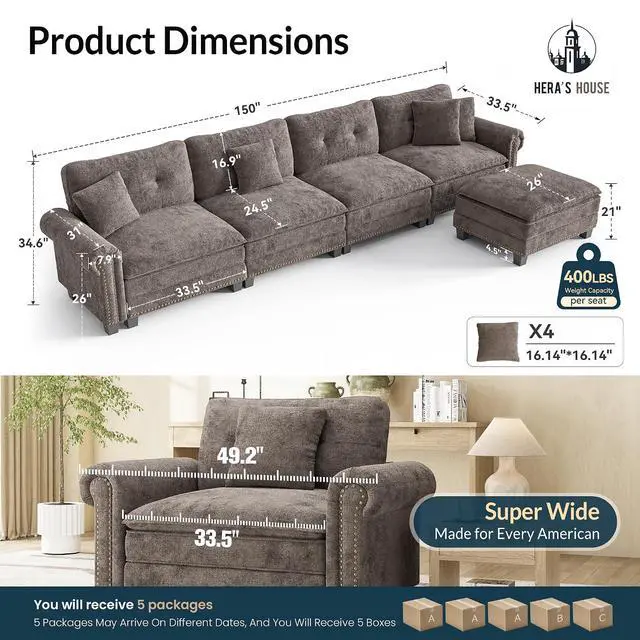 Alt view image 2 of 7 - HERA'S HOUSE 150" Oversized L Shaped Modular Sectional Couch Living Room | Mid-Century Modern 5-Seater Cloud Sofa, Grayish Brown, Rolled Arms & Nailhead Trim, Wider & Deeper Seats, Ottoman, Chenille