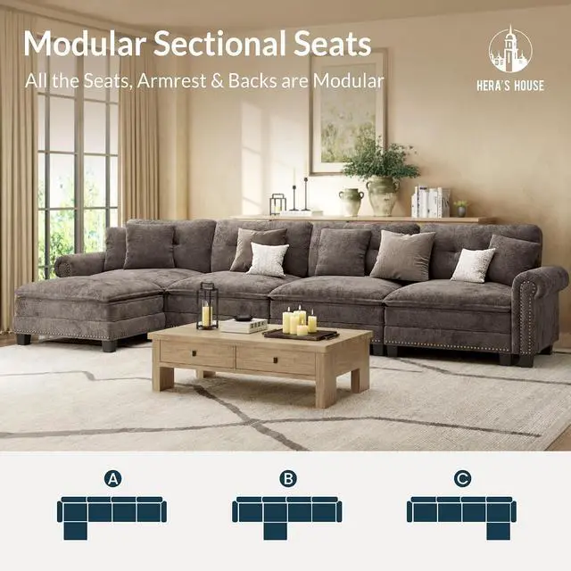 Alt view image 7 of 7 - HERA'S HOUSE 150" Oversized L Shaped Modular Sectional Couch Living Room | Mid-Century Modern 5-Seater Cloud Sofa, Grayish Brown, Rolled Arms & Nailhead Trim, Wider & Deeper Seats, Ottoman, Chenille
