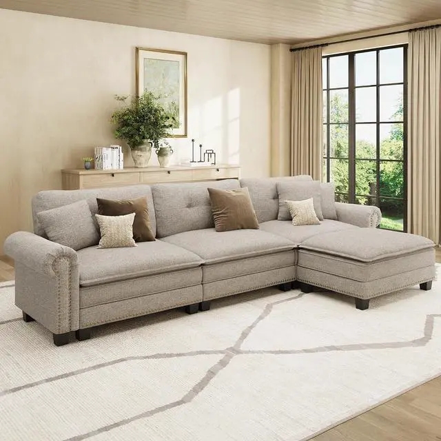 Main image of HERA'S HOUSE 116" Oversized L Shaped Modular Sectional Couch Living Room | Mid-Century Modern 4-Seater Cloud Sofa, Light Gray, Rolled Arms & Nailhead Trim, Wider & Deeper Seats, Ottoman, Linen