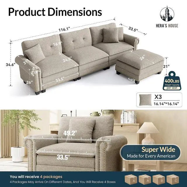 Alt view image 2 of 7 - HERA'S HOUSE 116" Oversized L Shaped Modular Sectional Couch Living Room | Mid-Century Modern 4-Seater Cloud Sofa, Light Gray, Rolled Arms & Nailhead Trim, Wider & Deeper Seats, Ottoman, Linen