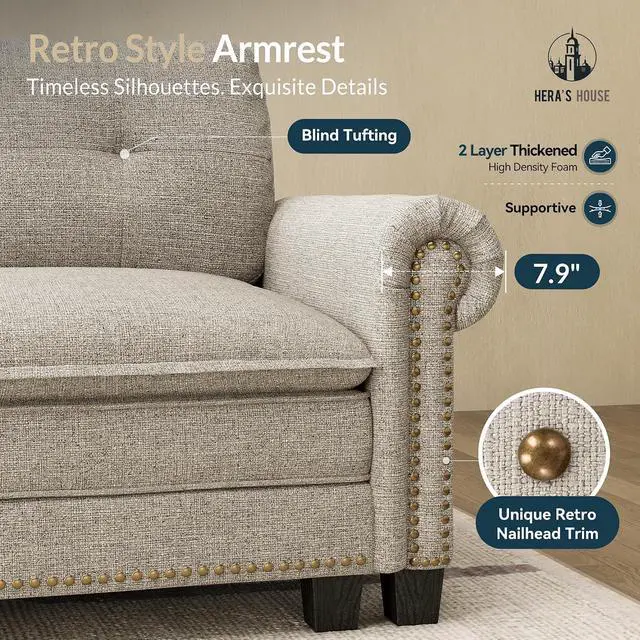 Alt view image 5 of 7 - HERA'S HOUSE 116" Oversized U Shaped Modular Sectional Couch Living Room | Mid-Century Modern 5-Seater Cloud Sofa, Light Gray, Rolled Arms & Nailhead Trim, Wider & Deeper Seats, Ottoman, Linen