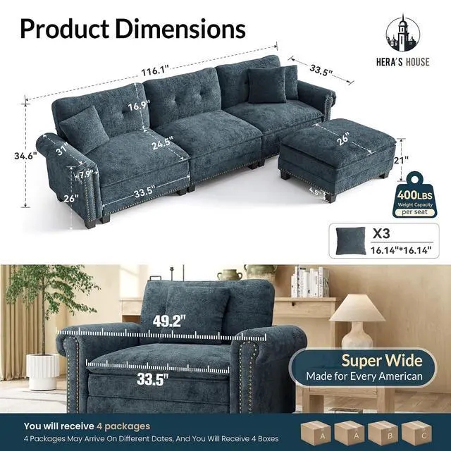 Alt view image 2 of 7 - HERA'S HOUSE 116" Oversized L Shaped Modular Sectional Couch Living Room | Mid-Century Modern 4-Seater Cloud Sofa, Cyan, Rolled Arms & Nailhead Trim, Wider & Deeper Seats, Ottoman, Chenille