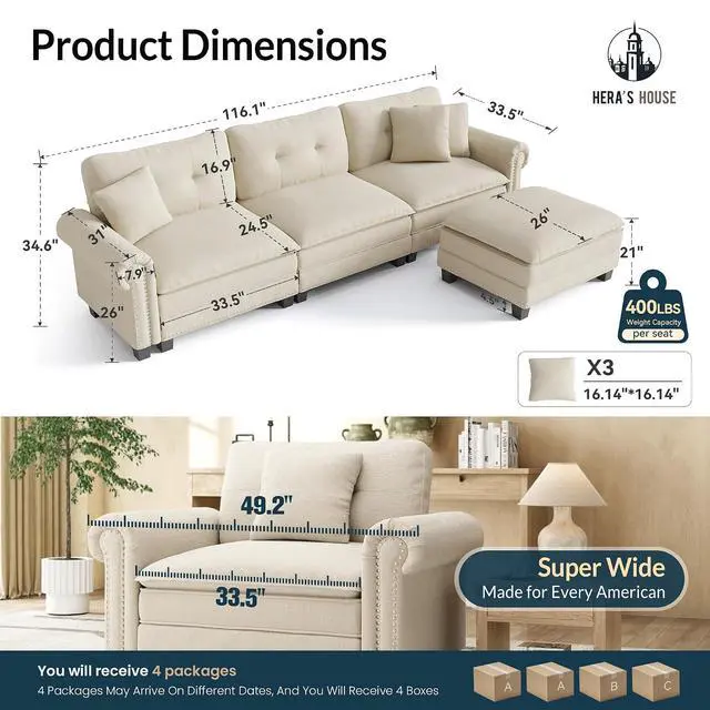 Alt view image 2 of 7 - HERA'S HOUSE 116" Oversized L Shaped Modular Sectional Couch Living Room | Mid-Century Modern 4-Seater Cloud Sofa, White, Rolled Arms & Nailhead Trim, Wider Deeper Seats, Ottoman, Chenille