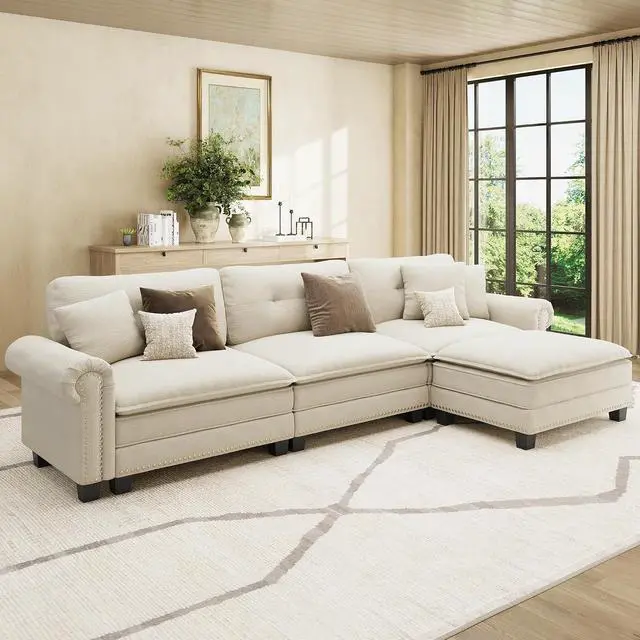 Main image of HERA'S HOUSE 116" Oversized L Shaped Modular Sectional Couch Living Room | Mid-Century Modern 4-Seater Cloud Sofa, White, Rolled Arms & Nailhead Trim, Wider Deeper Seats, Ottoman, Chenille