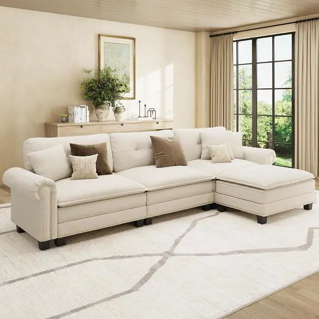 Main image of HERA'S HOUSE 116" Oversized L Shaped Modular Sectional Couch Living Room | Mid-Century Modern 4-Seater Cloud Sofa, Beige, Rolled Arms & Nailhead Trim, Wider & Deeper Seats, Ottoman, Linen