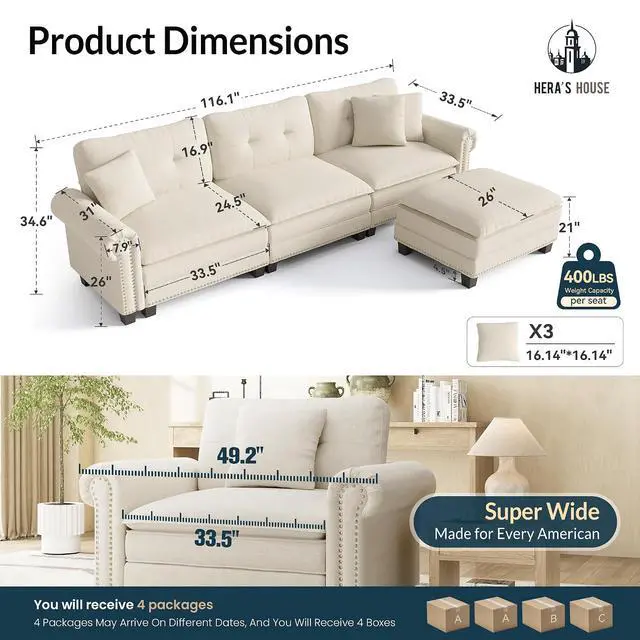 Alt view image 2 of 7 - HERA'S HOUSE 116" Oversized L Shaped Modular Sectional Couch Living Room | Mid-Century Modern 4-Seater Cloud Sofa, Beige, Rolled Arms & Nailhead Trim, Wider & Deeper Seats, Ottoman, Linen