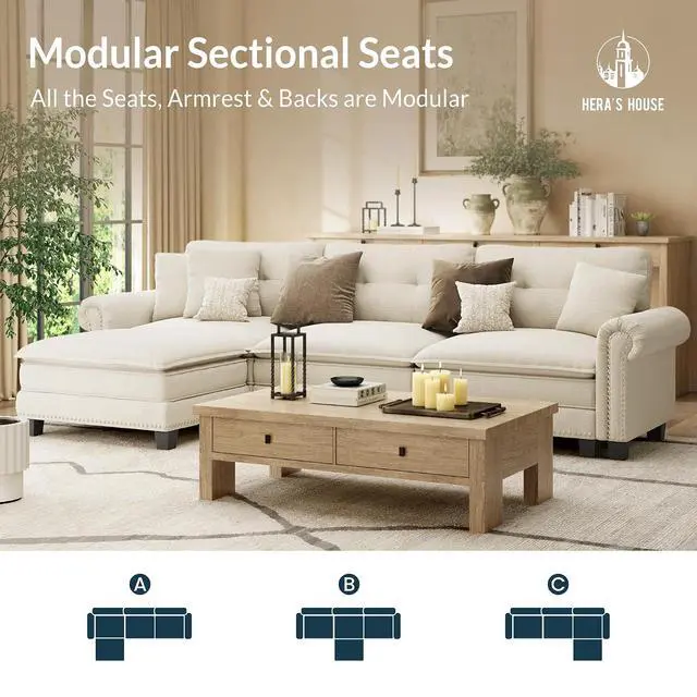 Alt view image 7 of 7 - HERA'S HOUSE 116" Oversized L Shaped Modular Sectional Couch Living Room | Mid-Century Modern 4-Seater Cloud Sofa, White, Rolled Arms & Nailhead Trim, Wider Deeper Seats, Ottoman, Chenille