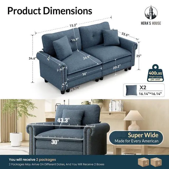 Alt view image 2 of 7 - HERA'S HOUSE 73.2" Modular Loveseat Cloud Couch Deep Seats & Rolled Arms | Mid-Century Modern 2-Seater Loveseat, Blue, Nailhead Trim, Wider & Deeper Seats, Soft Linen Sofa for Living Room Bedroom
