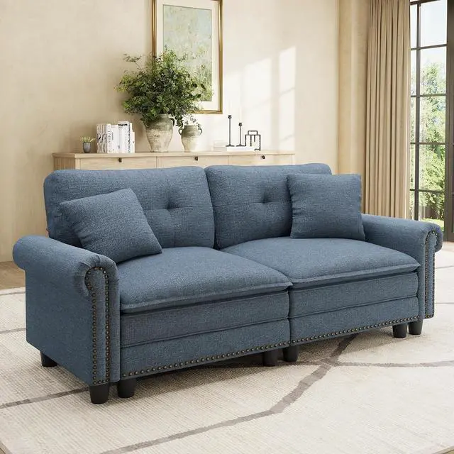 Main image of HERA'S HOUSE 73.2" Modular Loveseat Cloud Couch Deep Seats & Rolled Arms | Mid-Century Modern 2-Seater Loveseat, Blue, Nailhead Trim, Wider & Deeper Seats, Soft Linen Sofa for Living Room Bedroom