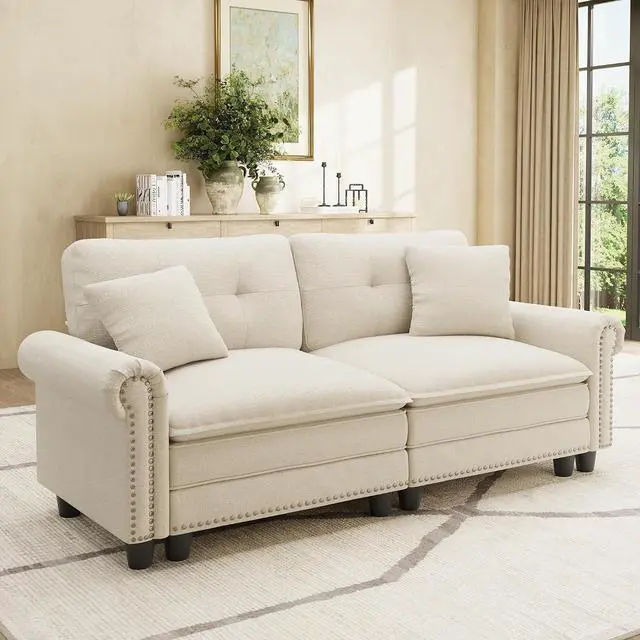 Main image of HERA'S HOUSE 73.2" Modular Loveseat Cloud Couch Deep Seats & Rolled Arms | Mid-Century Modern 2-Seater Loveseat, Beige, Nailhead Trim, Wider & Deeper Seats, Soft Linen Sofa for Living Room Bedroom