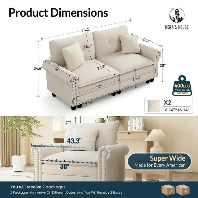 Alt view image 2 of 7 - HERA'S HOUSE 73.2" Modular Loveseat Cloud Couch Deep Seats & Rolled Arms | Mid-Century Modern 2-Seater Loveseat, Beige, Nailhead Trim, Wider & Deeper Seats, Soft Linen Sofa for Living Room Bedroom