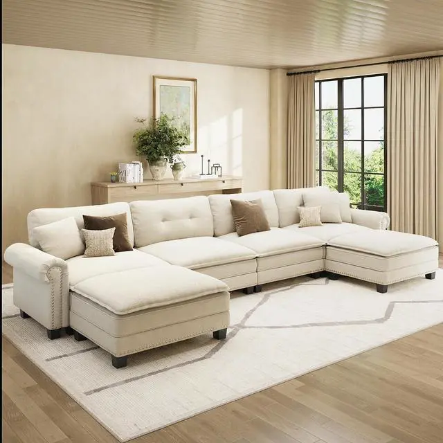 Main image of HERA'S HOUSE 150" Oversized U Shaped Modular Sectional Couch Living Room | Mid-Century Modern 6-Seater Cloud Sofa, White, Rolled Arms & Nailhead Trim, Wider & Deeper Seats, Ottoman, Chenille