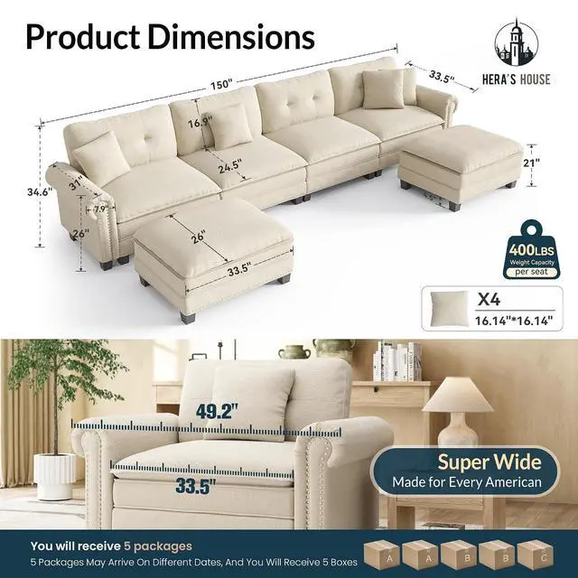 Alt view image 2 of 7 - HERA'S HOUSE 150" Oversized U Shaped Modular Sectional Couch Living Room | Mid-Century Modern 6-Seater Cloud Sofa, White, Rolled Arms & Nailhead Trim, Wider & Deeper Seats, Ottoman, Chenille