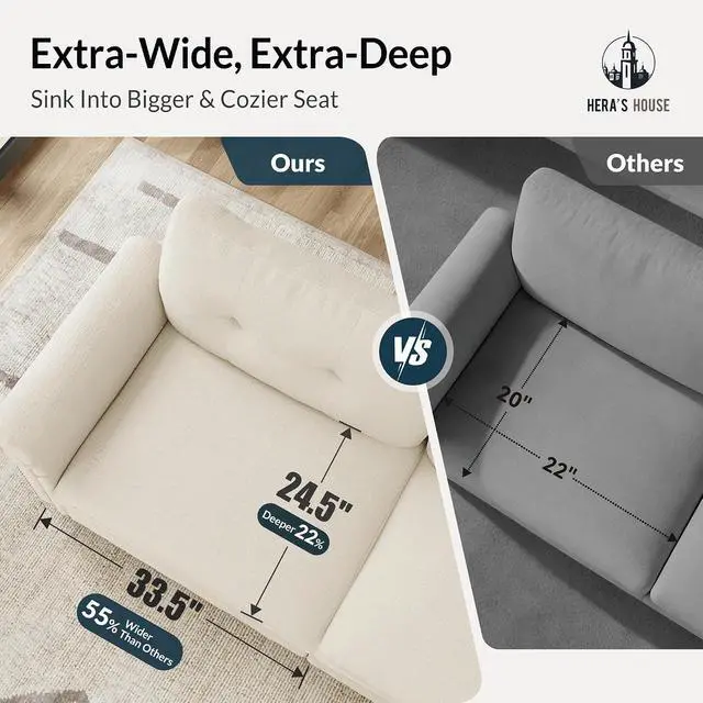 Alt view image 6 of 7 - HERA'S HOUSE 150" Oversized U Shaped Modular Sectional Couch Living Room | Mid-Century Modern 6-Seater Cloud Sofa, White, Rolled Arms & Nailhead Trim, Wider & Deeper Seats, Ottoman, Chenille