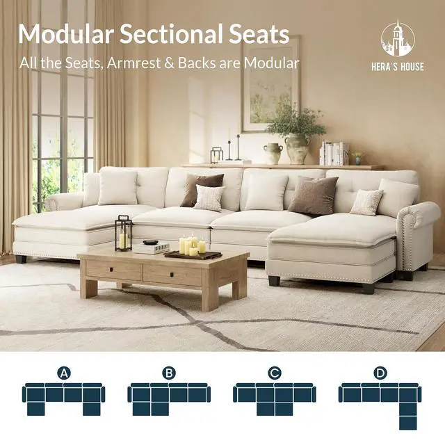 Alt view image 7 of 7 - HERA'S HOUSE 150" Oversized U Shaped Modular Sectional Couch Living Room | Mid-Century Modern 6-Seater Cloud Sofa, White, Rolled Arms & Nailhead Trim, Wider & Deeper Seats, Ottoman, Chenille