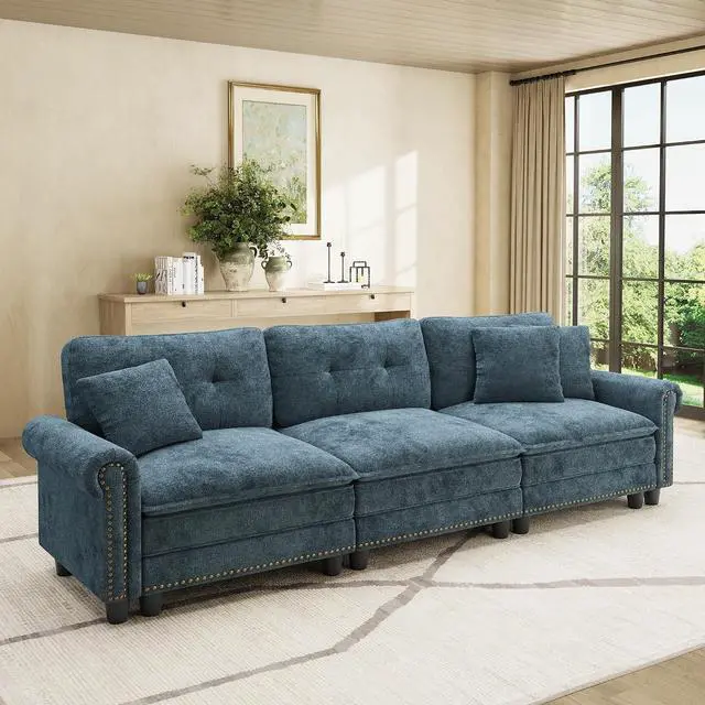 Main image of HERA'S HOUSE 103.1" Modular Sectional Couch for Living Room Deep Seats | Mid-Century Modern 3-Seater Cloud Sofa, Cyan, Rolled Arms & Nailhead Trim, Wider & Deeper Seats, Soft Chenille