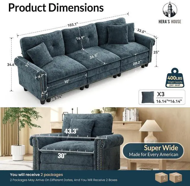 Alt view image 2 of 7 - HERA'S HOUSE 103.1" Modular Sectional Couch for Living Room Deep Seats | Mid-Century Modern 3-Seater Cloud Sofa, Cyan, Rolled Arms & Nailhead Trim, Wider & Deeper Seats, Soft Chenille