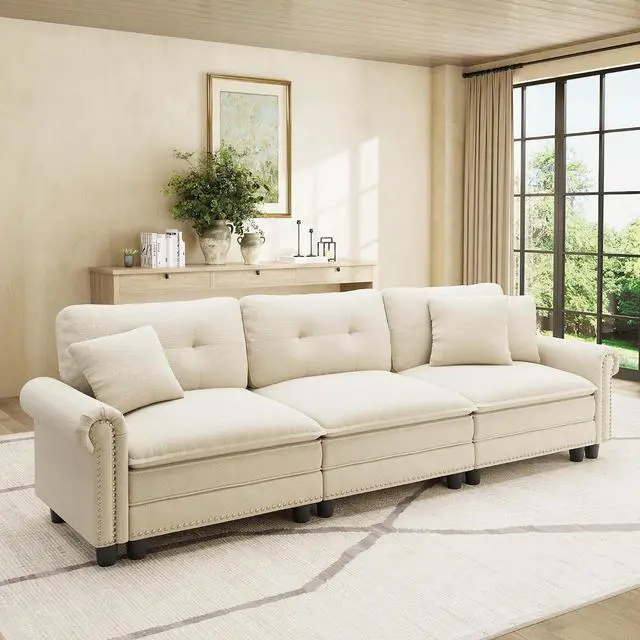 Main image of HERA'S HOUSE 103.1" Modular Sectional Couch for Living Room Deep Seats | Mid-Century Modern 3-Seater Cloud Sofa, White, Rolled Arms & Nailhead Trim, Wider & Deeper Seats, Soft Chenille