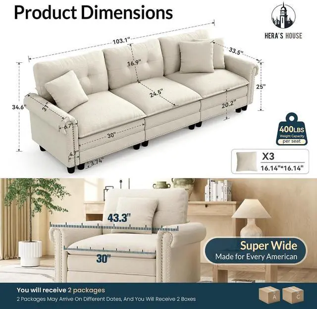Alt view image 2 of 7 - HERA'S HOUSE 103.1" Modular Sectional Couch for Living Room Deep Seats | Mid-Century Modern 3-Seater Cloud Sofa, White, Rolled Arms & Nailhead Trim, Wider & Deeper Seats, Soft Chenille