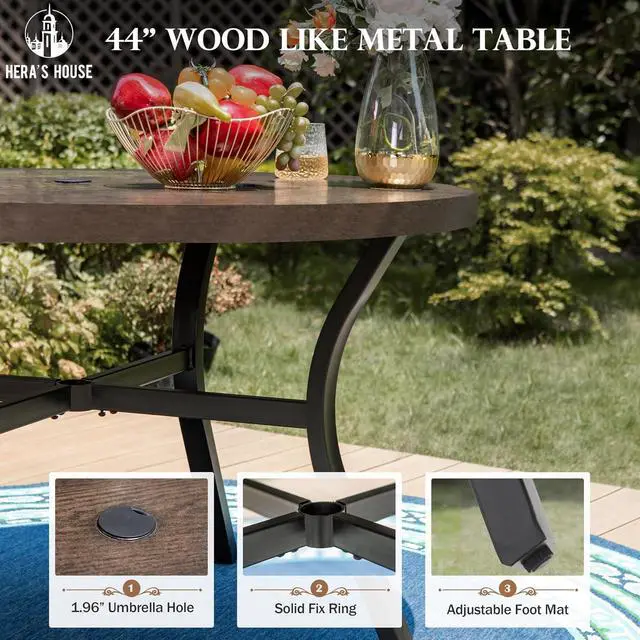Alt view image 3 of 7 - HERA'S HOUSE 5-Piece Patio Dining Set, 4 Metal Cushioned Chairs, Beige | 44" round wood-look metal table, Umbrella hole, E-coated and powder-coated steel frame, All-weather design