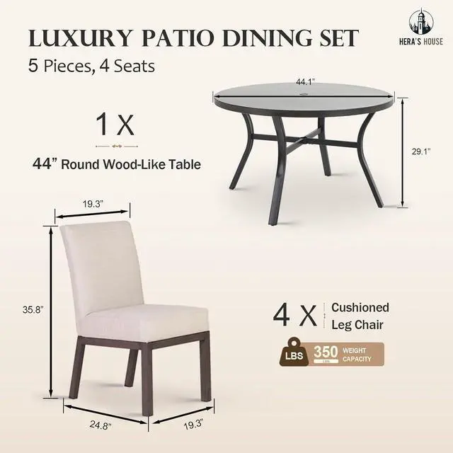 Alt view image 6 of 7 - HERA'S HOUSE 5-Piece Patio Dining Set, 4 Metal Cushioned Chairs, Beige | 44" round wood-look metal table, Umbrella hole, E-coated and powder-coated steel frame, All-weather design