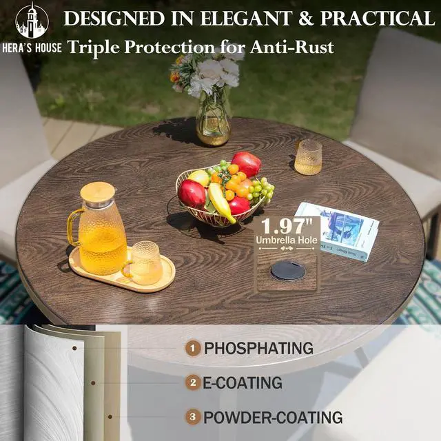 Alt view image 5 of 7 - HERA'S HOUSE 5-Piece Patio Dining Set, 4 Metal Cushioned Chairs, Beige | 44" round wood-look metal table, Umbrella hole, E-coated and powder-coated steel frame, All-weather design