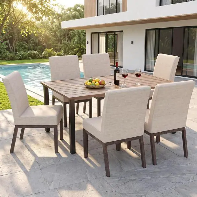 Main image of HERA'S HOUSE 7pc Indoor/Outdoor Dining Set for 6, 60" Metal Table | 4.7" Cushioned Chairs, All-Weather Patio and Dining Furniture for Deck Kitchen Garden Backyard