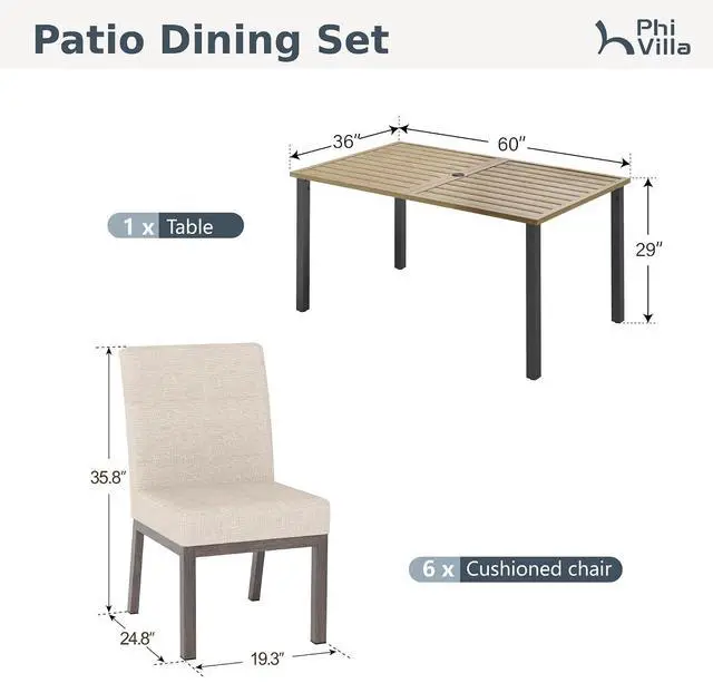Alt view image 6 of 7 - HERA'S HOUSE 7pc Indoor/Outdoor Dining Set for 6, 60" Metal Table | 4.7" Cushioned Chairs, All-Weather Patio and Dining Furniture for Deck Kitchen Garden Backyard