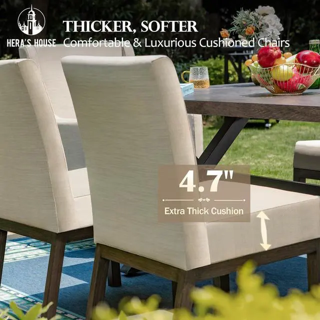 Alt view image 4 of 7 - HERA'S HOUSE 5-Piece Patio Dining Set, 4 Metal Cushioned Chairs, Beige | 44" round wood-look metal table, Umbrella hole, E-coated and powder-coated steel frame, All-weather design