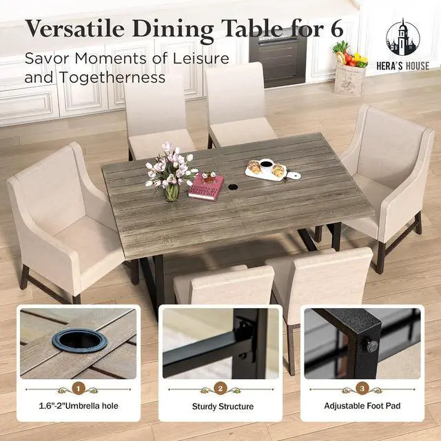 Alt view image 4 of 7 - HERA'S HOUSE 7-Piece Indoor/Outdoor Dining Set for 6-64" Rust-Resistant Metal Table & 4.7" Cushioned Chairs, All-Weather Patio and Dining Room Furniture for Deck Kitchen Garden Backyard
