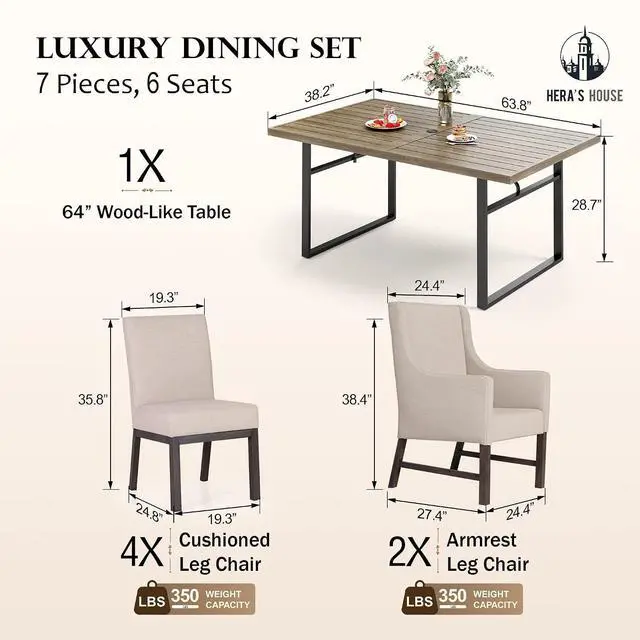 Alt view image 6 of 7 - HERA'S HOUSE 7-Piece Indoor/Outdoor Dining Set for 6-64" Rust-Resistant Metal Table & 4.7" Cushioned Chairs, All-Weather Patio and Dining Room Furniture for Deck Kitchen Garden Backyard