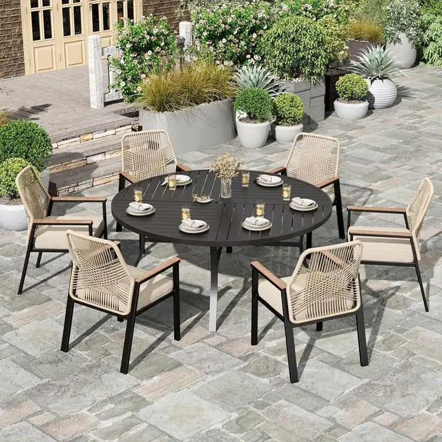 Main image of HERA'S HOUSE 7pc Patio Dining Set, 54" Round Table & 6 Rattan Chairs | Metal table with umbrella hole, cushioned chairs. Waterproof, rust-resistant, all-weather for backyard, porch.