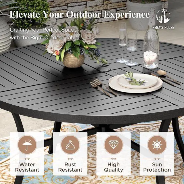 Alt view image 3 of 7 - HERA'S HOUSE 7pc Patio Dining Set, 54" Round Table & 6 Rattan Chairs | Metal table with umbrella hole, cushioned chairs. Waterproof, rust-resistant, all-weather for backyard, porch.