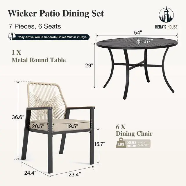 Alt view image 7 of 7 - HERA'S HOUSE 7pc Patio Dining Set, 54" Round Table & 6 Rattan Chairs | Metal table with umbrella hole, cushioned chairs. Waterproof, rust-resistant, all-weather for backyard, porch.