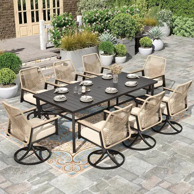 Main image of HERA'S HOUSE 9pc Patio Dining Set, 83" Metal Table & Swivel Rattan Chairs | Rectangle table with umbrella hole, 8 cushioned chairs. Waterproof, rust-resistant, all-weather for backyard, porch.