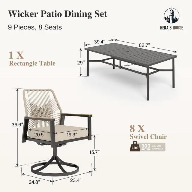 Alt view image 4 of 7 - HERA'S HOUSE 9pc Patio Dining Set, 83" Metal Table & Swivel Rattan Chairs | Rectangle table with umbrella hole, 8 cushioned chairs. Waterproof, rust-resistant, all-weather for backyard, porch.