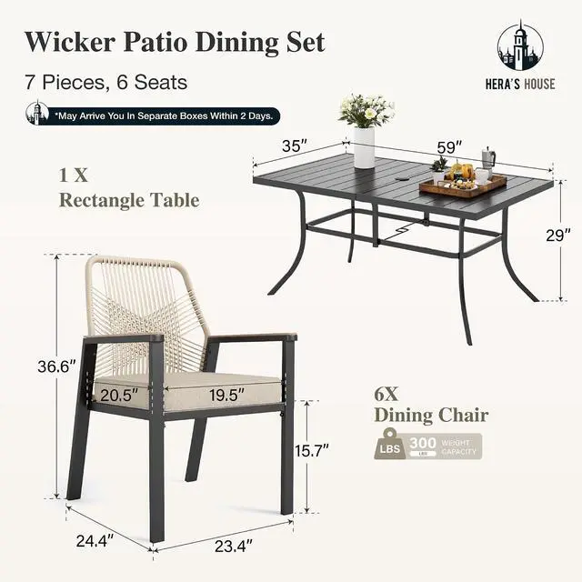 Alt view image 5 of 7 - HERA'S HOUSE 7pc Patio Dining Set, 59" Metal Table & 6 Rattan Chairs | Rectangular table with umbrella hole, cushioned chairs. Waterproof, rust-resistant, all-weather for backyard, porch.