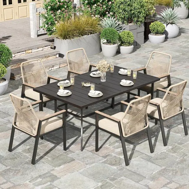 Main image of HERA'S HOUSE 7pc Patio Dining Set, 59" Metal Table & 6 Rattan Chairs | Rectangular table with umbrella hole, cushioned chairs. Waterproof, rust-resistant, all-weather for backyard, porch.