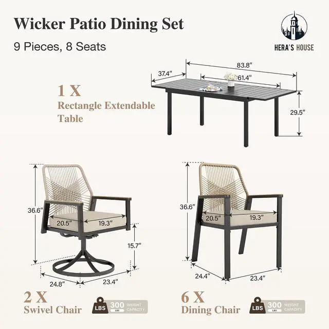 Alt view image 5 of 7 - HERA'S HOUSE 9pc Patio Dining Set, Extendable Metal Table, Rattan Chairs | 61-84" rectangular table, 2 swivel wicker cushioned chairs. Waterproof, rust-resistant, all-weather for backyard, porch