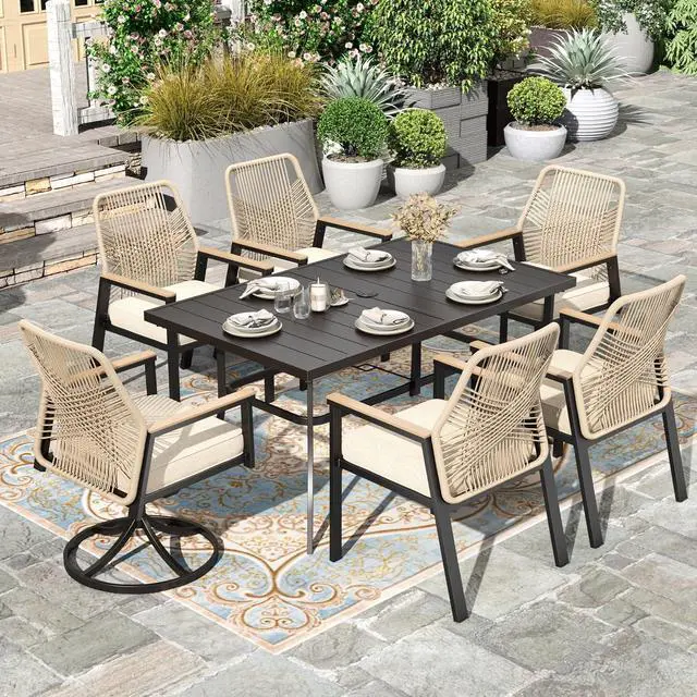 Main image of HERA'S HOUSE 7pc Patio Dining Set, 59" Metal Table & Rattan Swivel Chairs | Rectangular table with umbrella hole, cushioned chairs. Waterproof, rust-resistant, all-weather for backyard, porch.