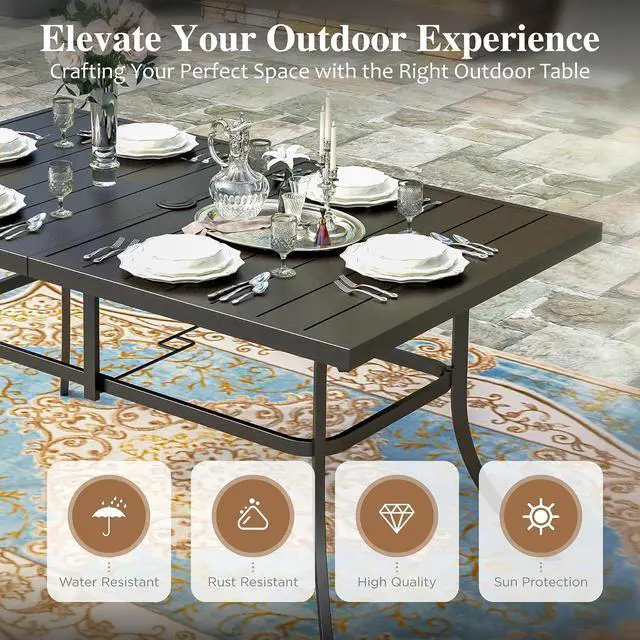 Alt view image 4 of 7 - HERA'S HOUSE 7pc Patio Dining Set, 59" Metal Table & Rattan Swivel Chairs | Rectangular table with umbrella hole, cushioned chairs. Waterproof, rust-resistant, all-weather for backyard, porch.