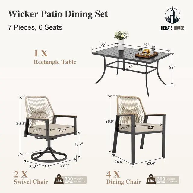 Alt view image 5 of 7 - HERA'S HOUSE 7pc Patio Dining Set, 59" Metal Table & Rattan Swivel Chairs | Rectangular table with umbrella hole, cushioned chairs. Waterproof, rust-resistant, all-weather for backyard, porch.