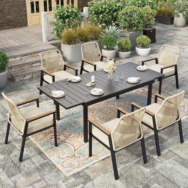 Main image of HERA'S HOUSE 7pc Patio Dining Set, Extendable Metal Table, Rattan Chairs | 61-84" rectangular table, 6 wicker cushioned chairs. Waterproof, rust-resistant, all-weather for backyard, porch